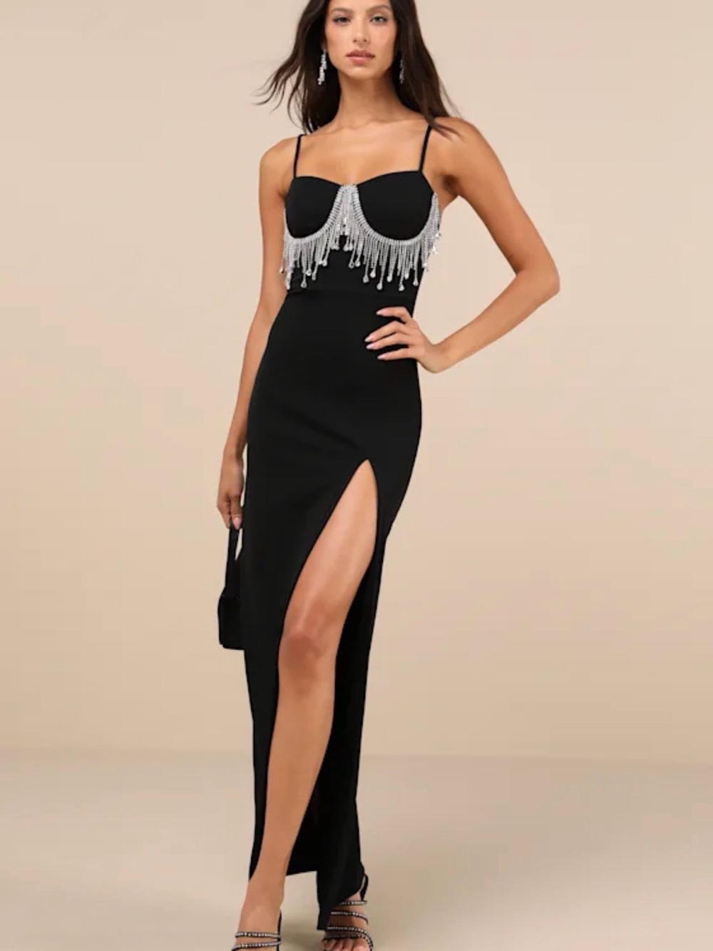 Lulu's Black Maxi Dress with Silver Beaded Fringe